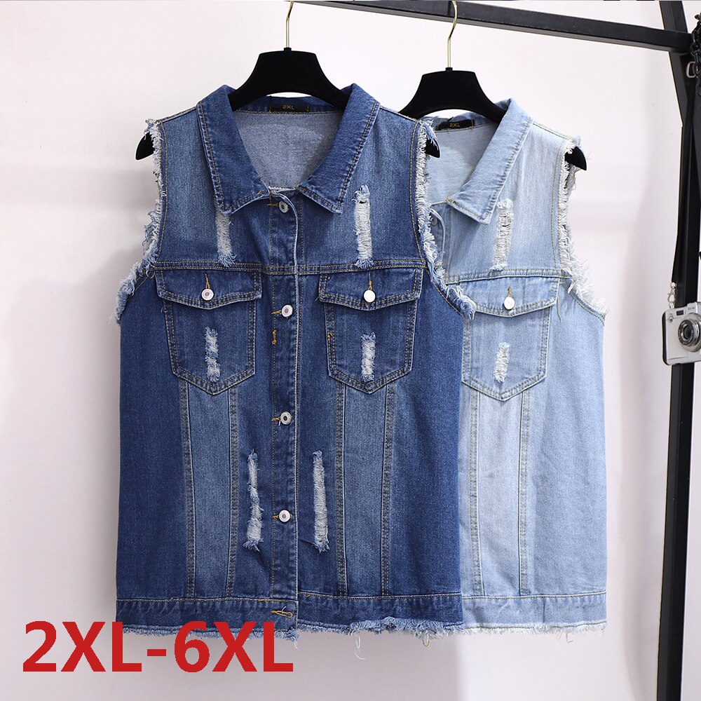 Grote Maat Vrouwen Denim Vest Mouwloze Kleding Vrouw Kleren Losse Plus Size Dragen Gaten Vrouwelijke Jas Jas