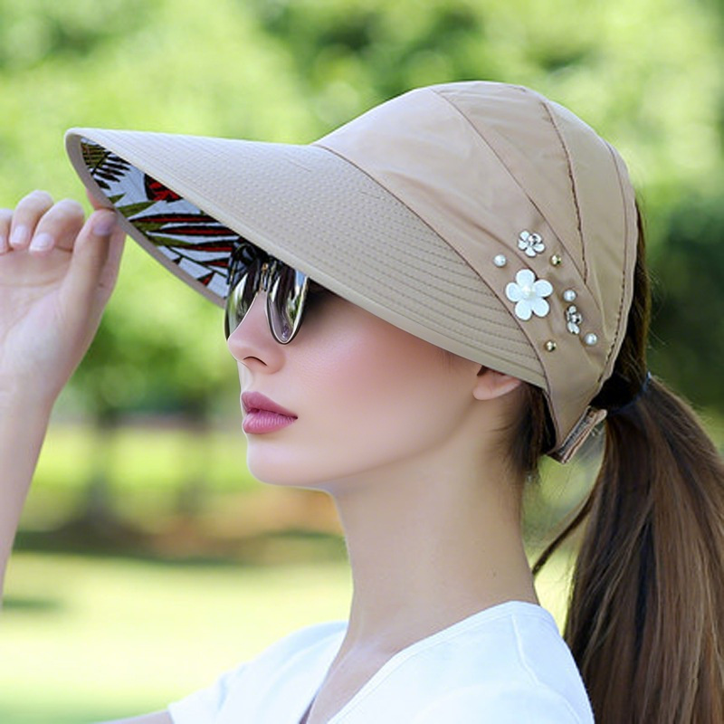 M-2Sun chapeau été ombre hHt pour femmes pliable Protection solaire plage grand chapeau à bords Protection UV cyclisme haut vide: Kaki
