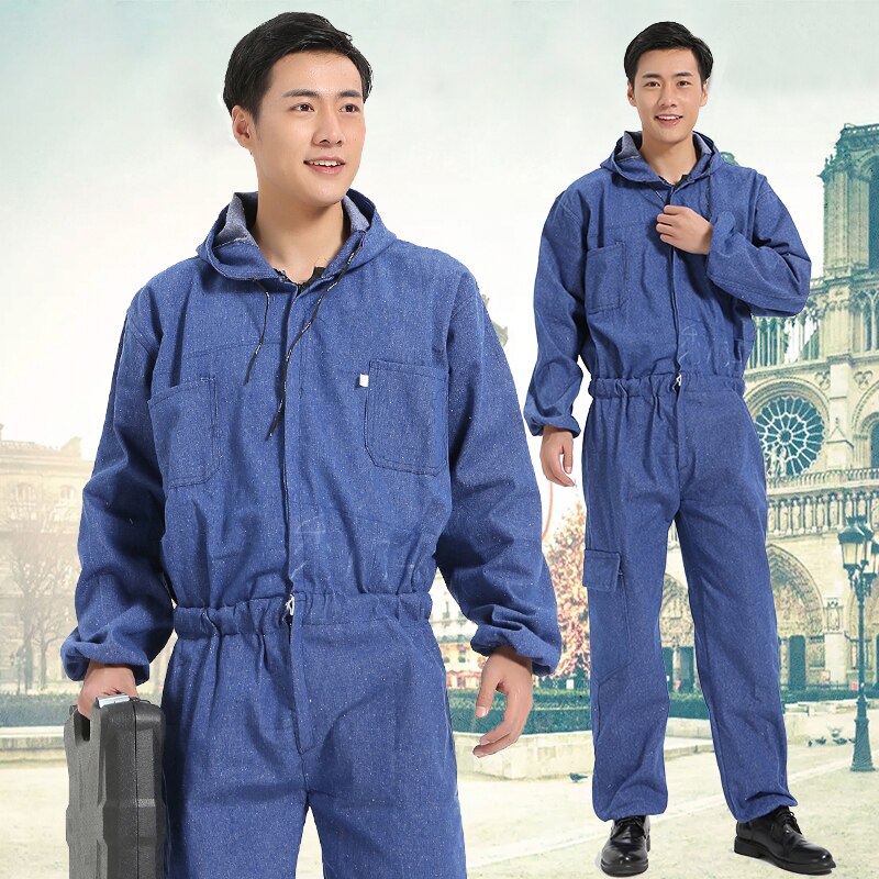 Mannen Werkkleding Lange Mouwen Denim Overall Stofdicht Kleding Hooded Overalls Werknemer Reparateur Machine Auto Reparatie Uniformen