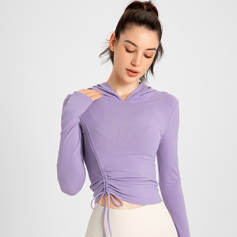 Gym Wear Voor Vrouwen Lange Mouwen Hooded Sweatshirt Fitness Yoga T-shirts Sneldrogend Running Workout Crop Top Vrouwelijke Sportkleding: Lavender / M