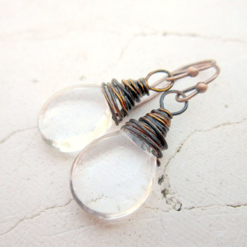 Clear Glass Dangle Earrings Oxidized Copper Wrapped Glass Earrings Czech Glass Earrings