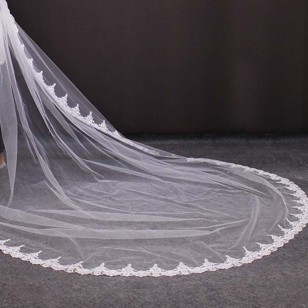 Lange Spitze Hochzeit Schleier mit Kamm 4 Meter Elfenbein Farbe Braut Schleier 400cm Eine Schicht Schleier für Braut Hochzeit zubehör