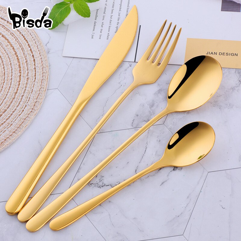 4/24 stk koreansk bestik sæt rustfrit stål bestik sæt western ske gaffel middag kniv sæt gyldent stel sæt festredskaber