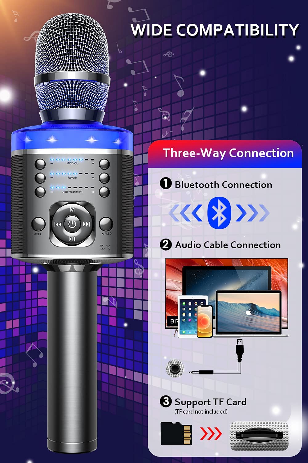 Mikrofon do karaoke Bezprzewodowy mikrofon Bluetooth z magicznym dźwiękiem LED Przenośna maszyna do śpiewania dla domu KTV Party Prezent dla dorosłych/dzieci