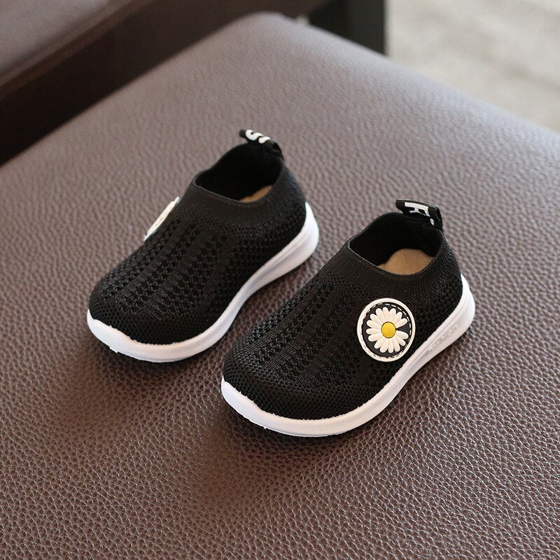 Peuterschoenen zachte onderkant babyjongen meisje sport kleine kinderen ademende air mesh schoenen bloem madeliefje geweven schoenen lente dun: Zwart / 21---14.5cm