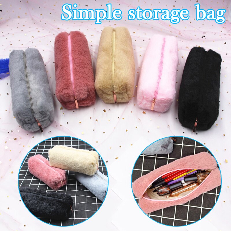 Leuke Pluche Potlood Pen Pouch Faux Fur Lichtgewicht Grote Capaciteit Stationaire Cosmetica Tassen Voor Studenten Meisjes SK88