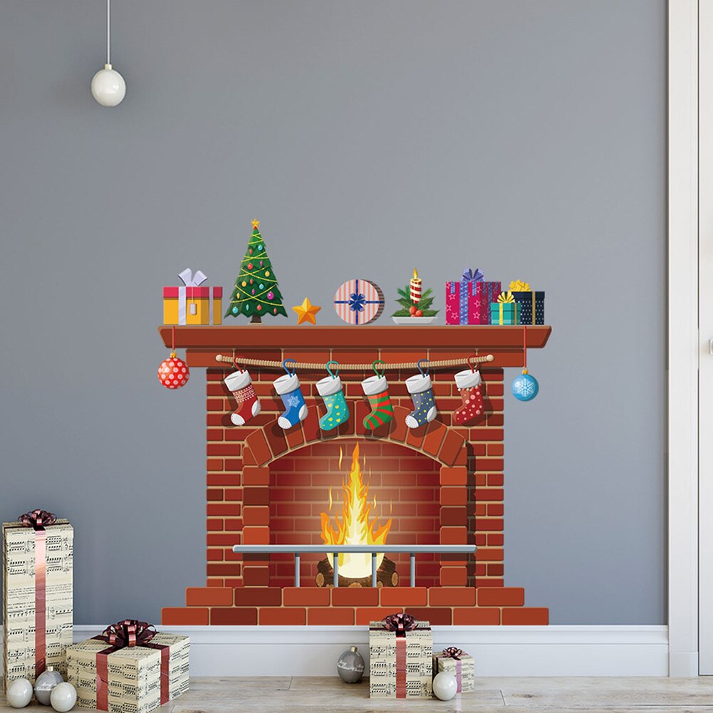 Christmas Socks Fireplace Wall Stickers Removable Window Glass Door Room Decal Self-adhesive PVC Year Home Decor: A