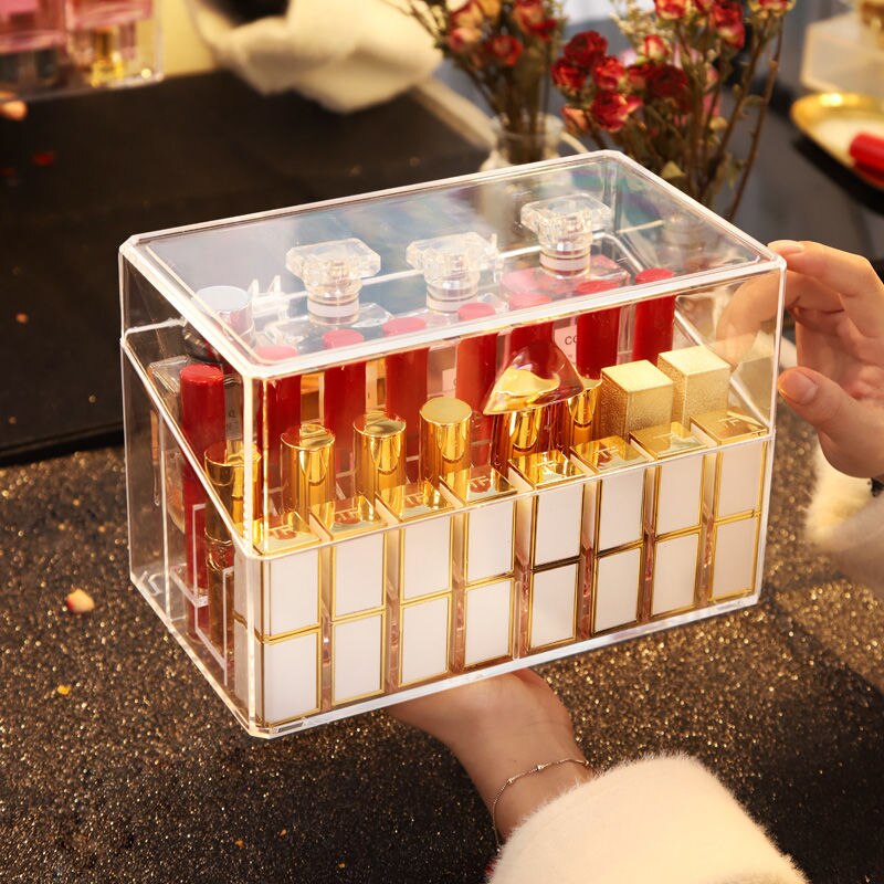 Makeup Organizer Storage Box with Lid Perfume Lipstick Display Shelf Acrylic Carrying Container Cosmetic Case High Capacity