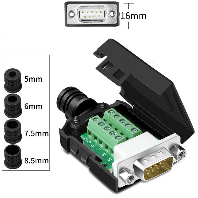 DB9 Connector RS232 Mannelijke/Vrouwelijke D-SUB 9 Pin Plug RS485 Breakout Terminals 21/24 Awg Wire Solderless Com Connectors DB9: Male Nut 16mm