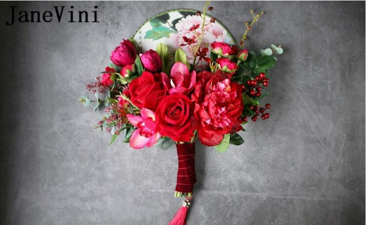JaneVini Chinese Style Bridal Fan Handmade Red Rose Bride Wedding Bouquet Artificial Catwalk Holding Flowers Round Palace Fans