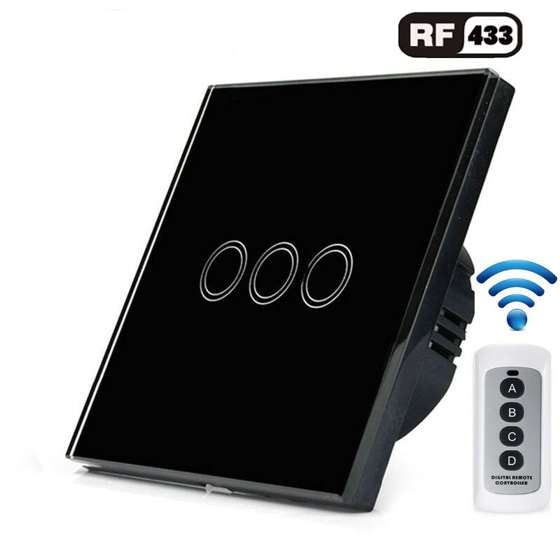 Standard Eu Wireless Remote Control Touch Switch For Rf433 Intelligent Wall Switch 1 / 2 / 3 / Band Glass Touch Switch: black 3 gang