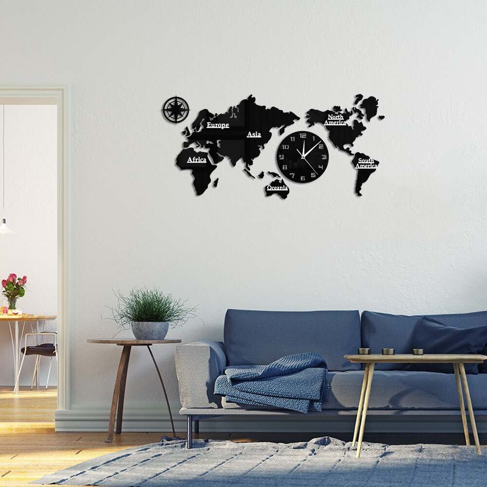 Akryl diy 3d världskarta stor klocka geografi mute relogio de parede historisk karta över världsklocka utan batteri resenär