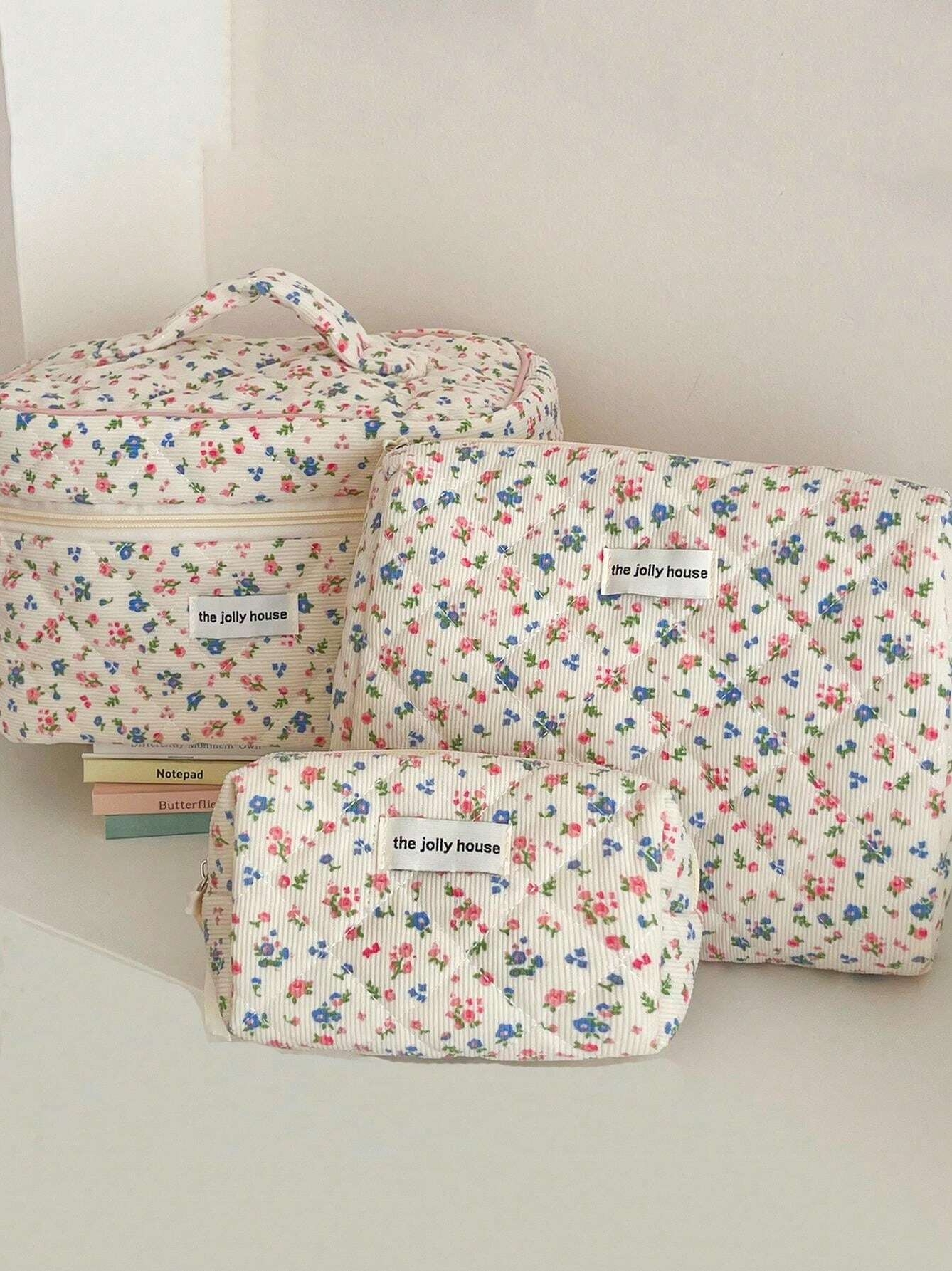Lovely Floral Stitching Corduroy Cosmetic Bag For Storing Skin Care ltems Lipsticks Accessories Travel Necessity Birthday