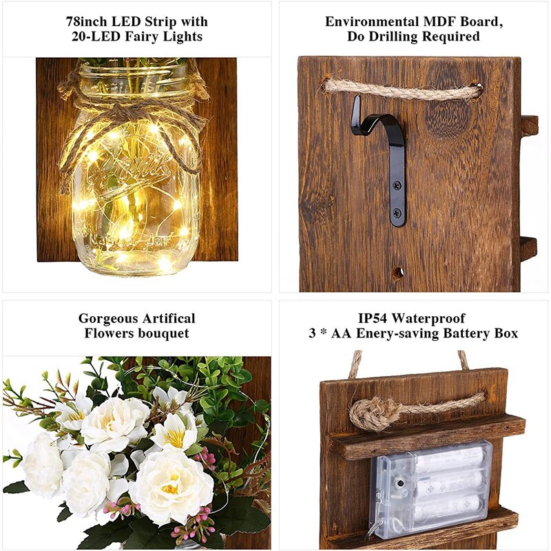 Rustic Mason Jar Sconces for Home Decor, Mason Jar Sconces Set of 2 Hanging Mason Jar Sconces with LED Fairy Lights