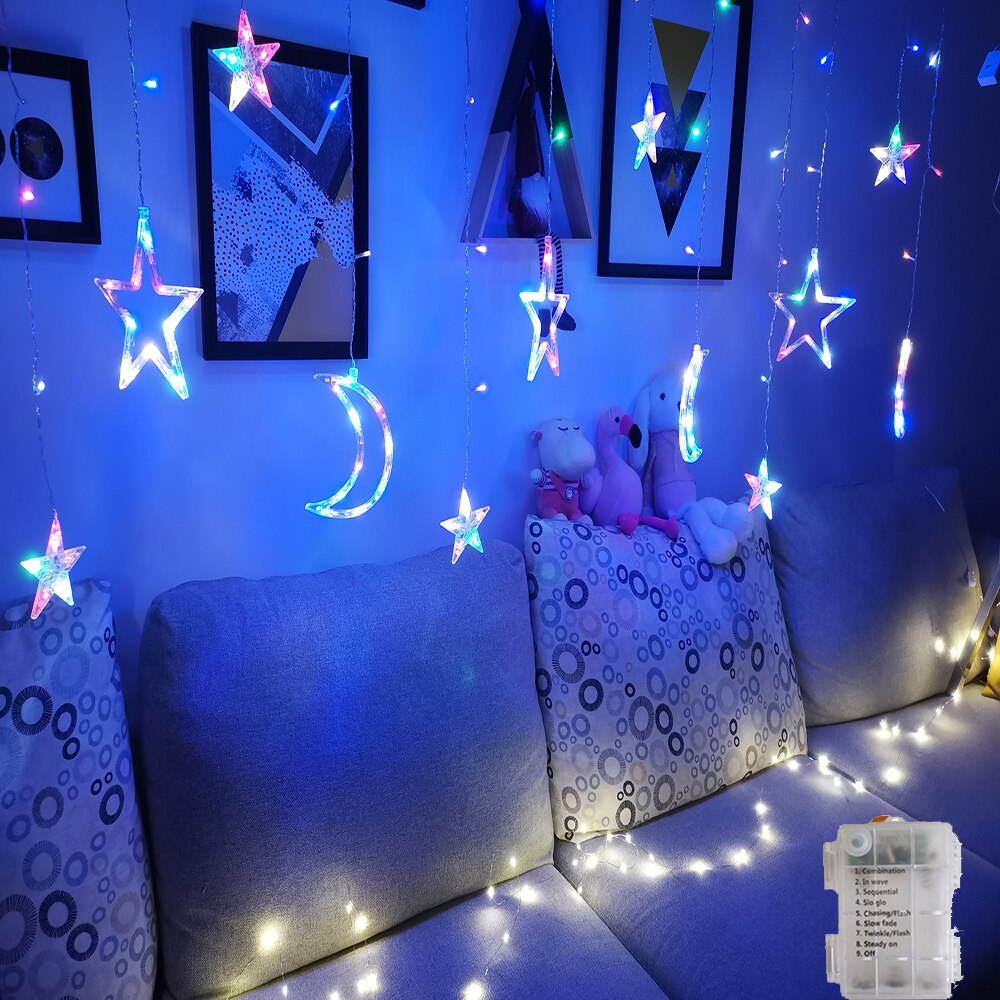 Guirlande lumineuse LED pour rideau de fées, en forme d'étoile, de lune, pour noël, pour la maison, pour une fête de mariage, pour le jardin, avec piles AA: RGB AA
