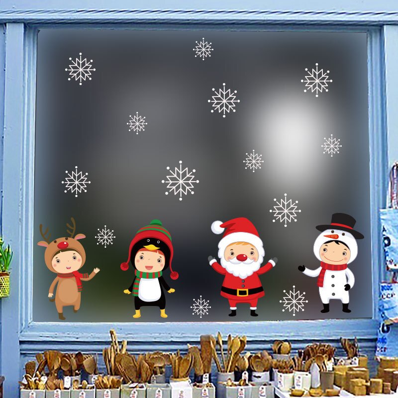 Cartoon Christmas Stickers for Window Showcase Removable Santa Claus Snowman Home Decor Decal Adhesive Year Glass Mural