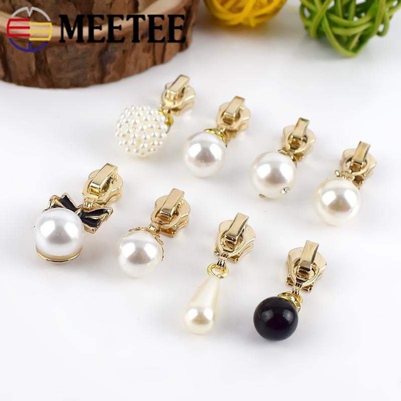 Meetee 5pcs 3# Pearl Puller Metal Zipper Sliders for Metal Zippers DIY Bag Costume Decoration Zip Slider Head Sewing Accessories