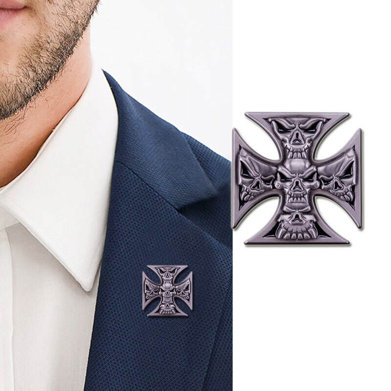 Metalen Iron Cross Skull Badge Broche Biker Accessoires Boze 5-Schedels