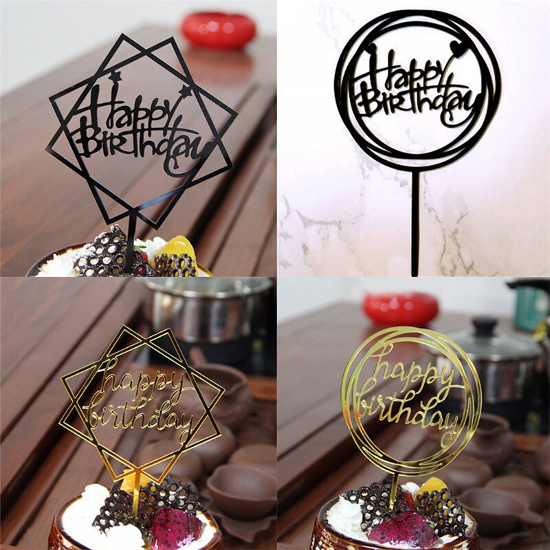 Adorno para pastel de feliz cumpleaños, banderas para decoración de pasteles de color dorado, plateado y negro, adorno para pasteles de