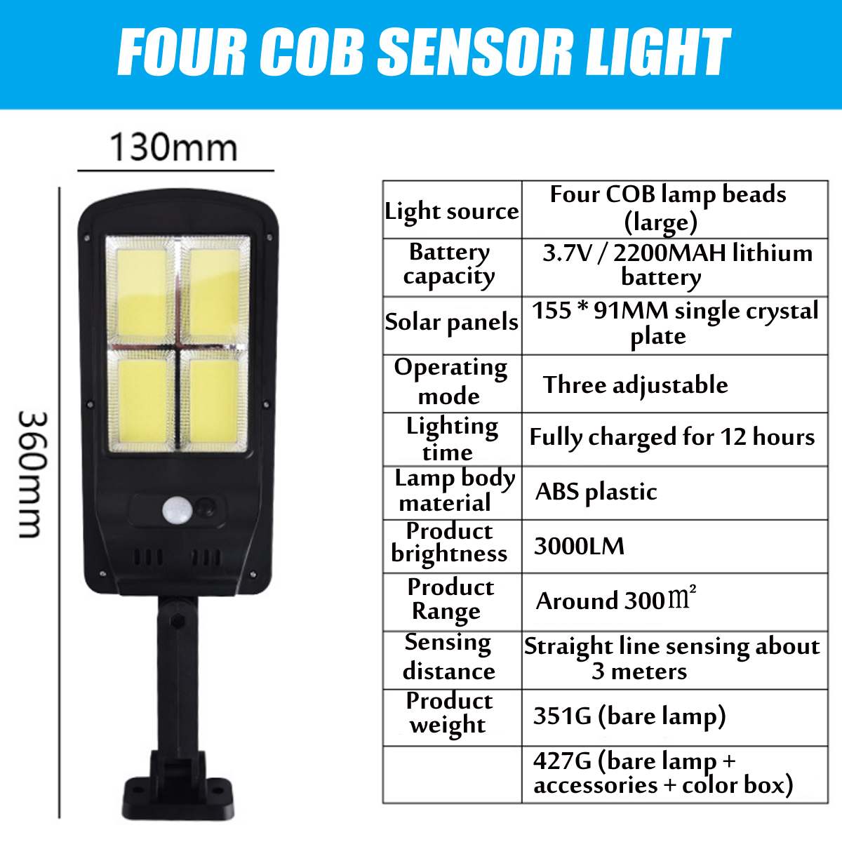 50/100/200/300w solenergi kolbe sensor vegglampe infrarød bevegelsessensor ledet gatelys utendørs belysning hagelampe ledet lys: D4