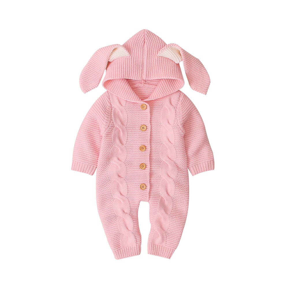 0-24M Herfst Winter Baby Kids Meisjes Jongens Rompertjes Knit Solid Lange Mouwen 3D Oren Hooded Jumpsuits Kleding: Roze / 12m