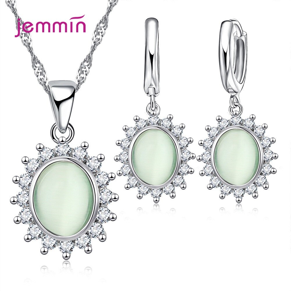 plata 925 conjunto de joyería Oval flor pendientes colgantes en Zircon Collar para mujer aniversario ornamento del cuello mujer: Green