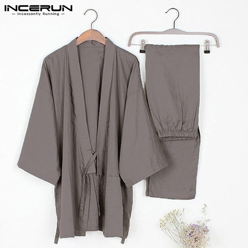 Incerun 2 kpl/setti kimono pyjamat miesten kylpytakki miesten lounge kylpytakki yöpuvut puuvilla pyjama puvut löysät kevyet vaatteet: Harmaa / Xl