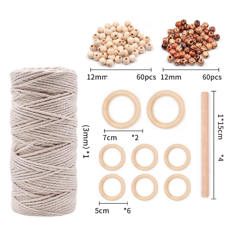 Cordón de macramé para manualidades de madera, cuerda de algodón Natural con palo de madera, cuentas de madera, Kit de tapiz de macramé mordedor artesanal, colgante de pared de algodón