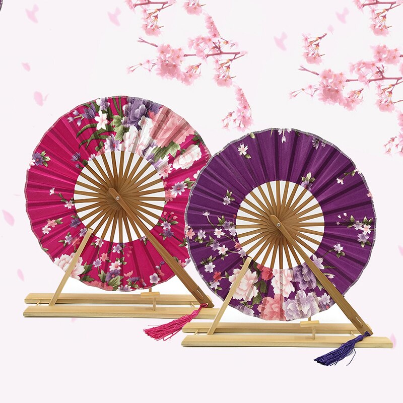 Classic Cherry Bloem Japanse Blossom Hand Fan Oppervlak Vouwen Bamboe Ronde Cirkel Fan Bruiloft Gunsten