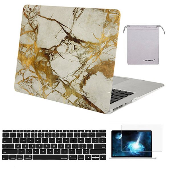 Mosiso laptophoes voor macbook air 13 inch,  a1466 a1369 + siliconen toetsenbordhoes + schermfolie + opbergtas: Goud marmer