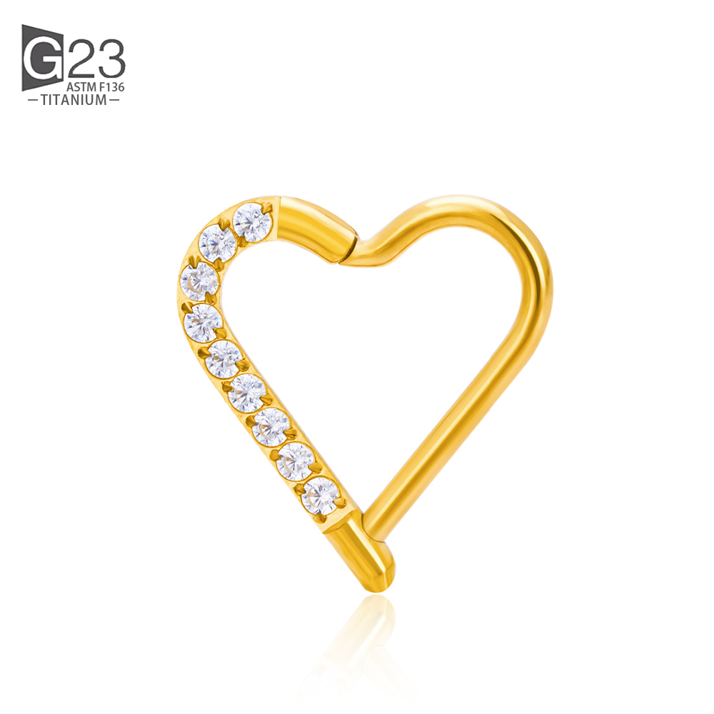 ASTM F-136 anneau de nez en titane Daith coeur boucle d'oreille cerceau Cartilage Tragus D forme Helix anneaux articulé Segment cerceau avec CZ clair: WHITE / Plaqué bronze antique