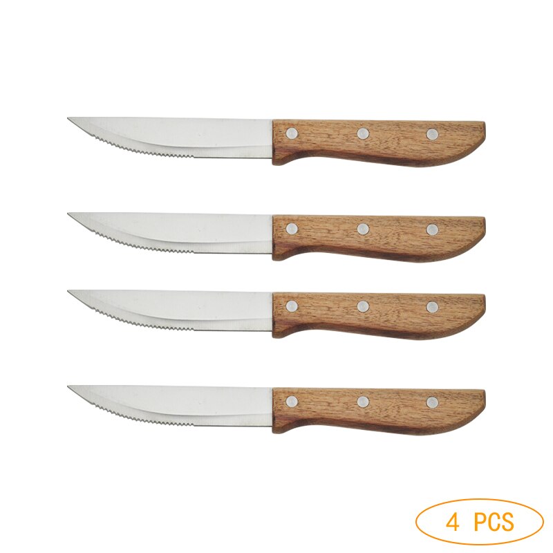 2-10 Stuks Houten Handvat Steak Mes Set Diner Messen Tafel Mes Gekarteld Lemmet Restaurant Bestek Japanse Houten Servies: 4pcs