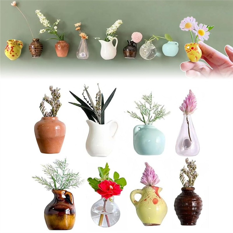 HLZS-mini Magnesy robić Wazonów Kwiatowych 8 SZTUK - Urocze Wazony 3D na Lodówkę, Samoprzylepne Dekoracje na Lodówkę