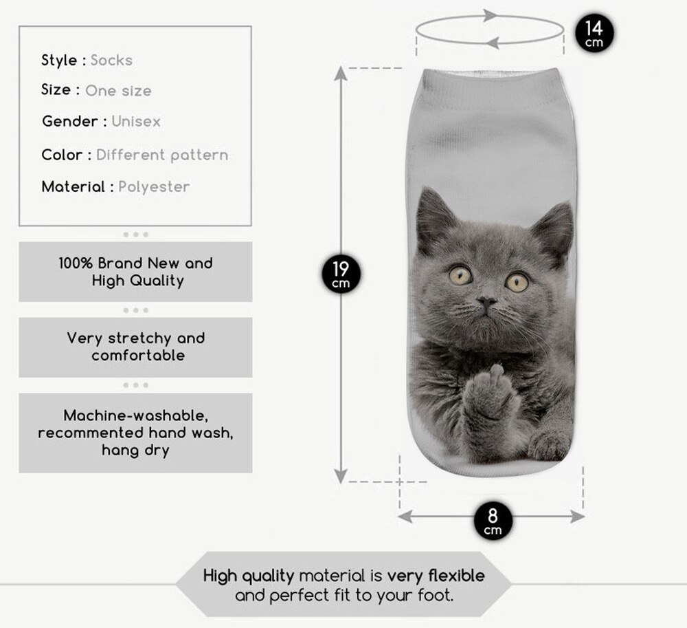 Stijl Mode 3D Kat Dier Duizenden Afdrukken Patronen Korte Sokken Grappige Harajuku Herfst Vrouwen Gelukkig Low Enkelsokken