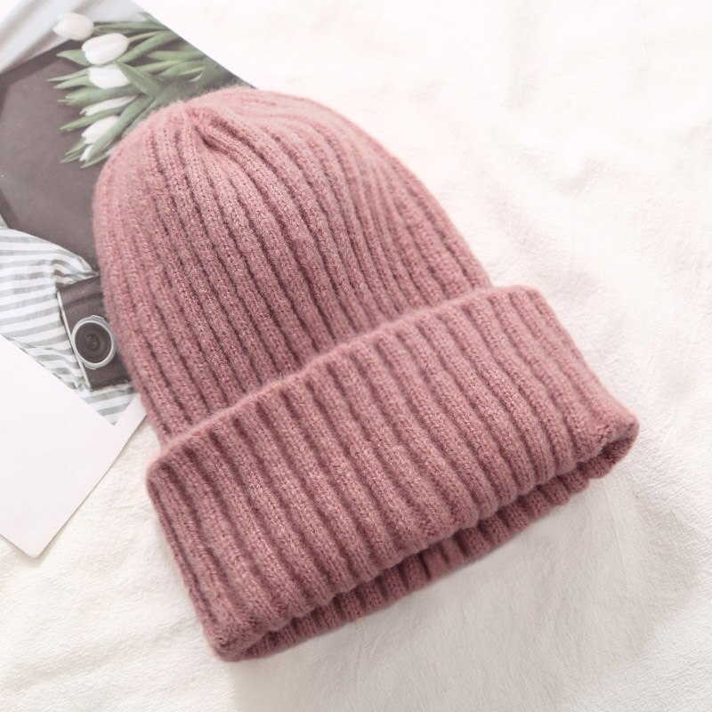 Frauen Mütze Hütte Gestrickte Winter Hütte Frauen Verdicken Warme Winter Hüte Für Frauen Beanies Damen Weiche Winter Kappe: Pulver Rosa