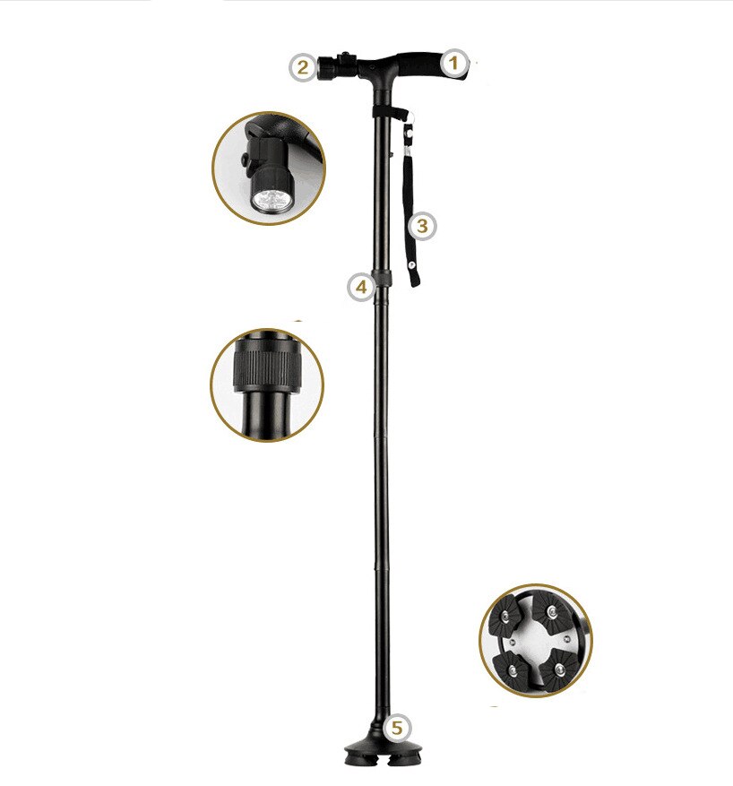 Outdoor T-handle 4 Folding Crutch 360 Degree Hiking Trekking Pole Cane Stable plate Walking Stick for old people