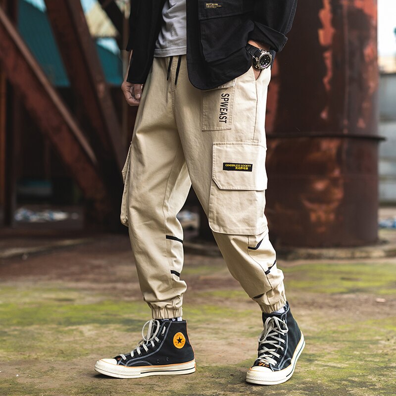 Men Harem Pant Multi Pocket Orange Trousers Feet Leisure Trouser Hip Hop Cargo Pants Streetwear: khaki / XL