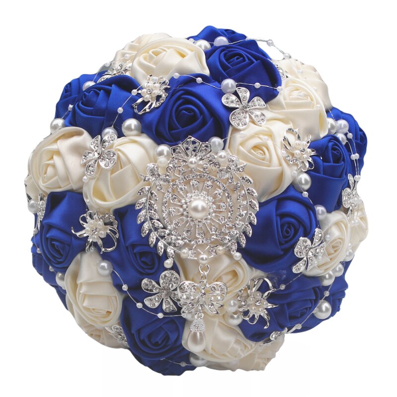WifeLai-A Handmade Rose Satin Wedding Bridal Holding Flowers Luxury Wedding Bouquets Crystal Wedding Flower Bouquet W1727A: royalblue 18cm