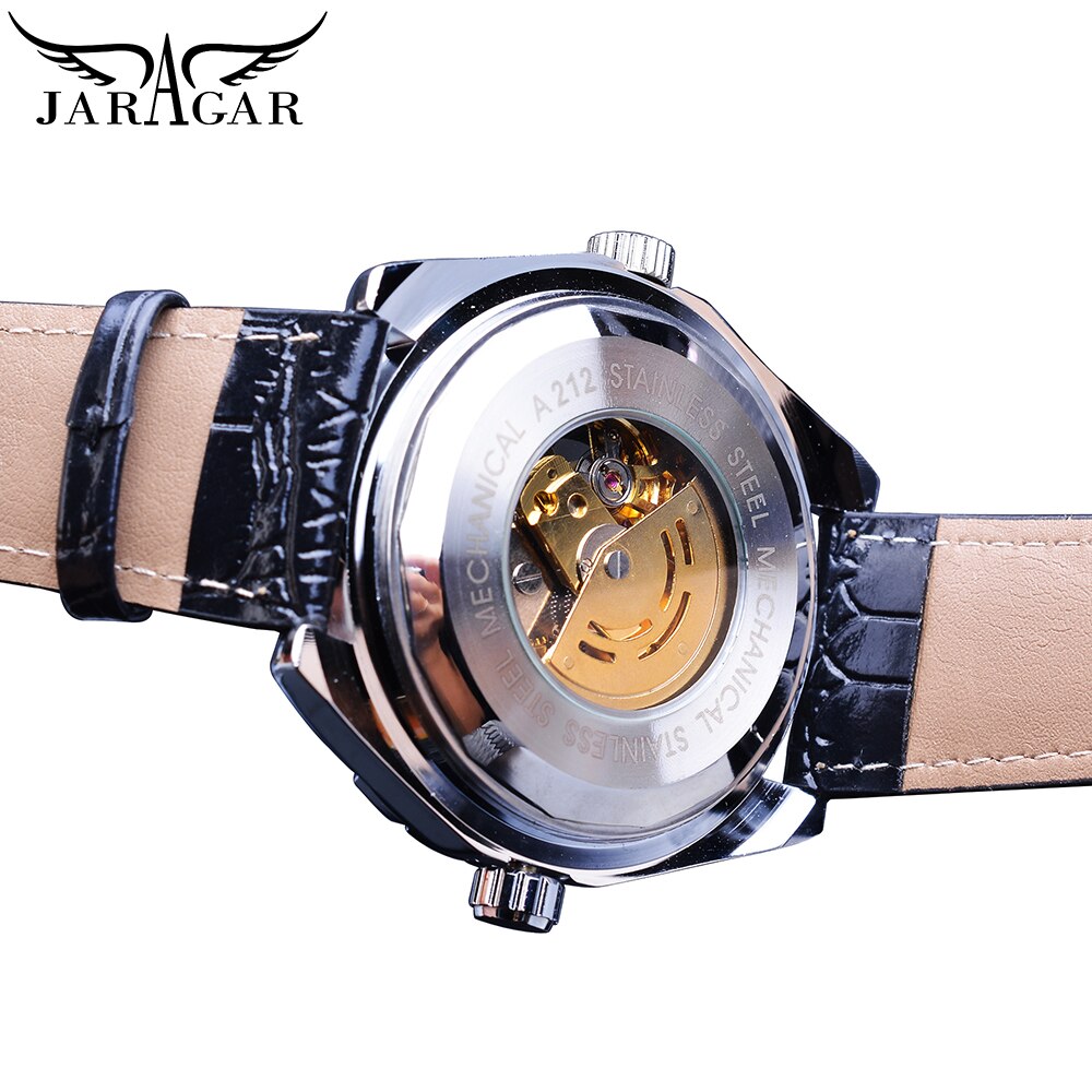 Jaragar Zwart Gouden Zaken Mens Watch Skeleton Automatische Self-Wind Mechanische Sport Lederen Band Horloge Relogio Masculino