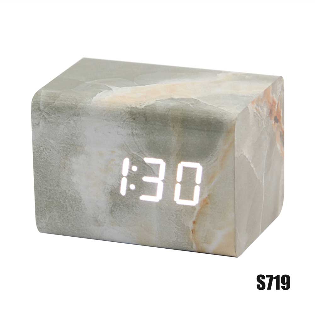 Marmer-zoals Hout LED Wekker Digitale Ultra-stille Bureau Wekker met Thermometer LKS99: Gray stone white lig