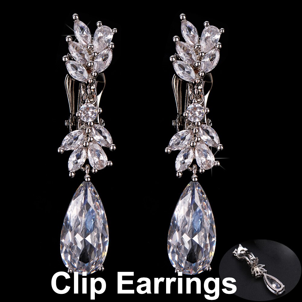 Leaf Zircon Clips Earrings for Women Silver Color Water Clip Earings Long Crystal Wedding Ear Cuff Jewelry: Clips White Gold