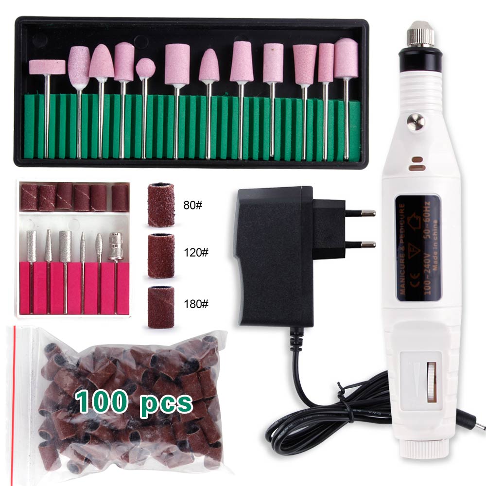 Elektryczne aparaty do Manicure urządzenie do Pedicure kwarcowe wiertła do paznokci 100Pc szlifowanie taśmy szlifierskie pilnik do paznokci bufor żel usuń