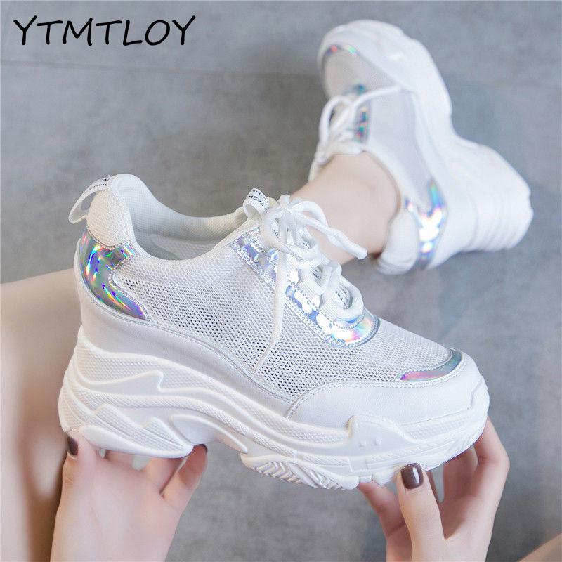 Women Wedge Platform Rubber Brogue Lace Up High heel Shoes Increasing White Silver Sneakers Zapatos De Mujer Plataforma