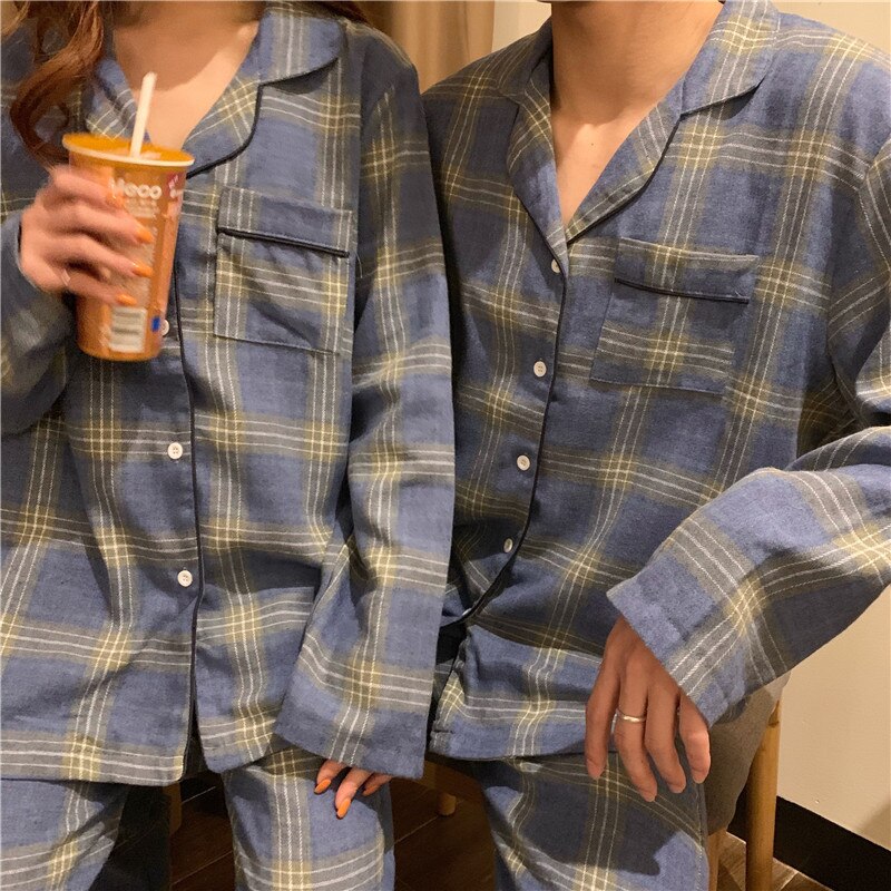 Classical Plaid Cotton Unisex Pajamas Women Men Autumn Winter Korean Couple Style Comfortable Long-sleeved Lapel Pijama Mujer