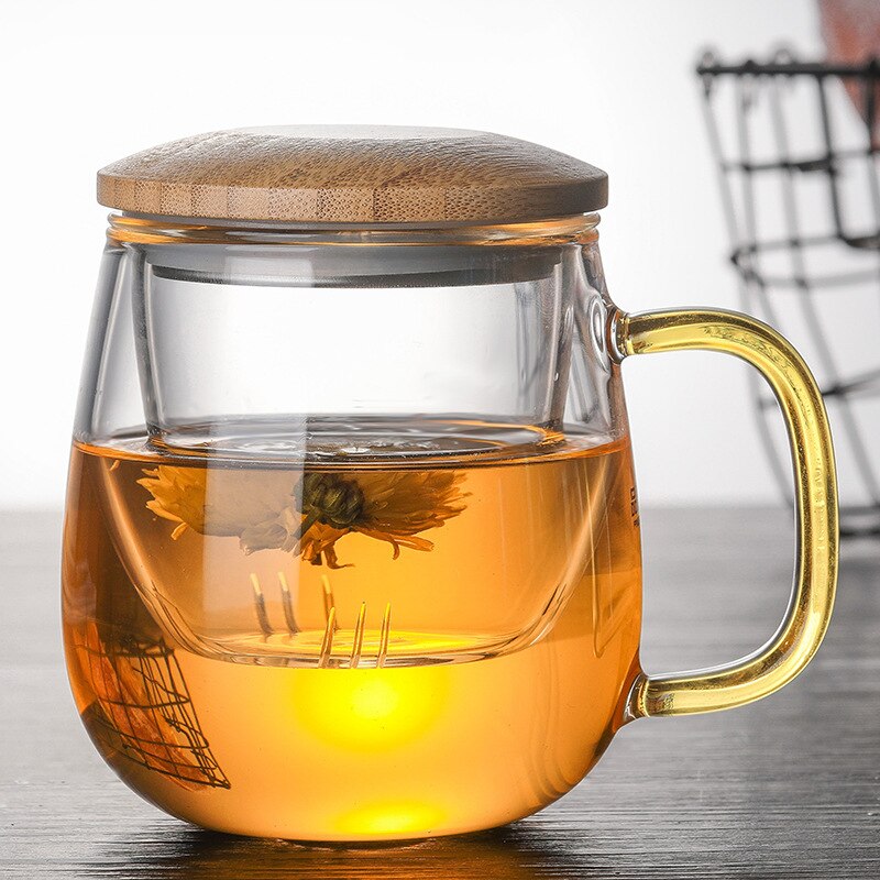 Glass Tea Infuser Cup With Transparent Filter Handle Bamboo Lid Heat-resistant Flower Teacup Office Tea Mug Drinkware