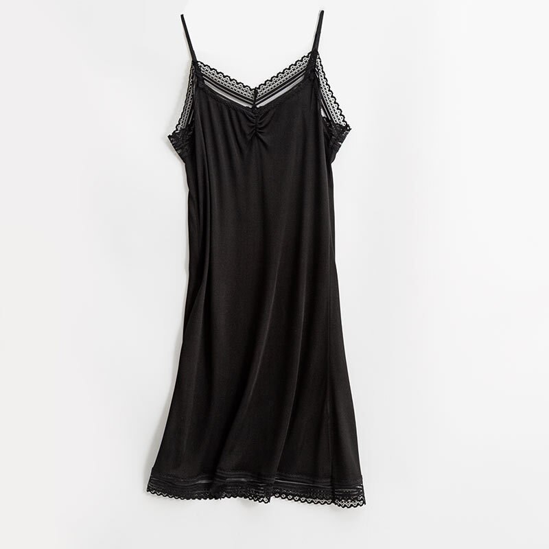 Camisón de seda Natural 50% para mujer, ropa de dormir larga, holgada, sin mangas, talla grande: Black / XL