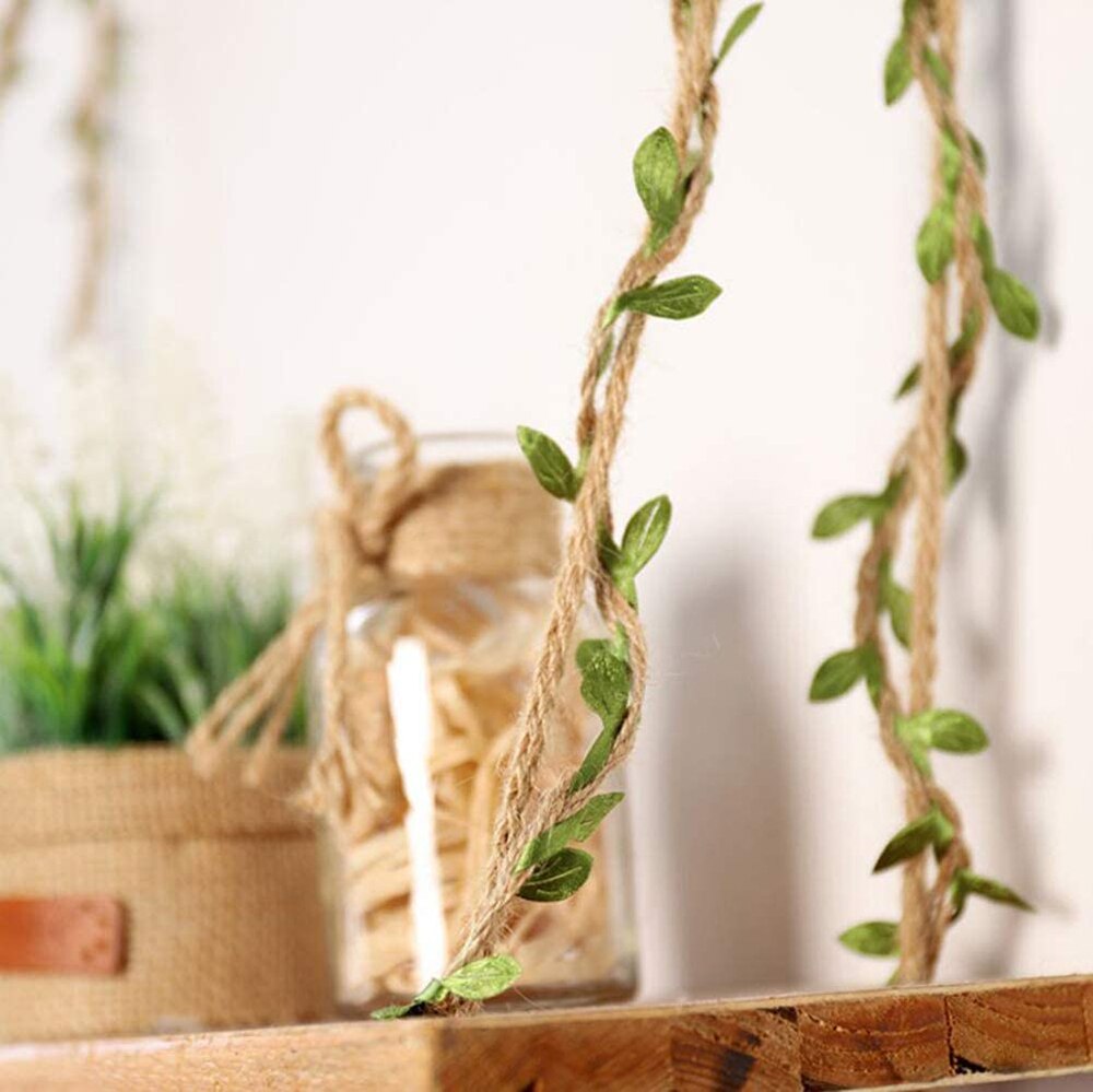 5 meter/lot naturligt jutegarn 5mm säckvävsband med konstgjorda vingröna löv för pysselhantverk bröllopsträdgårdsinredning