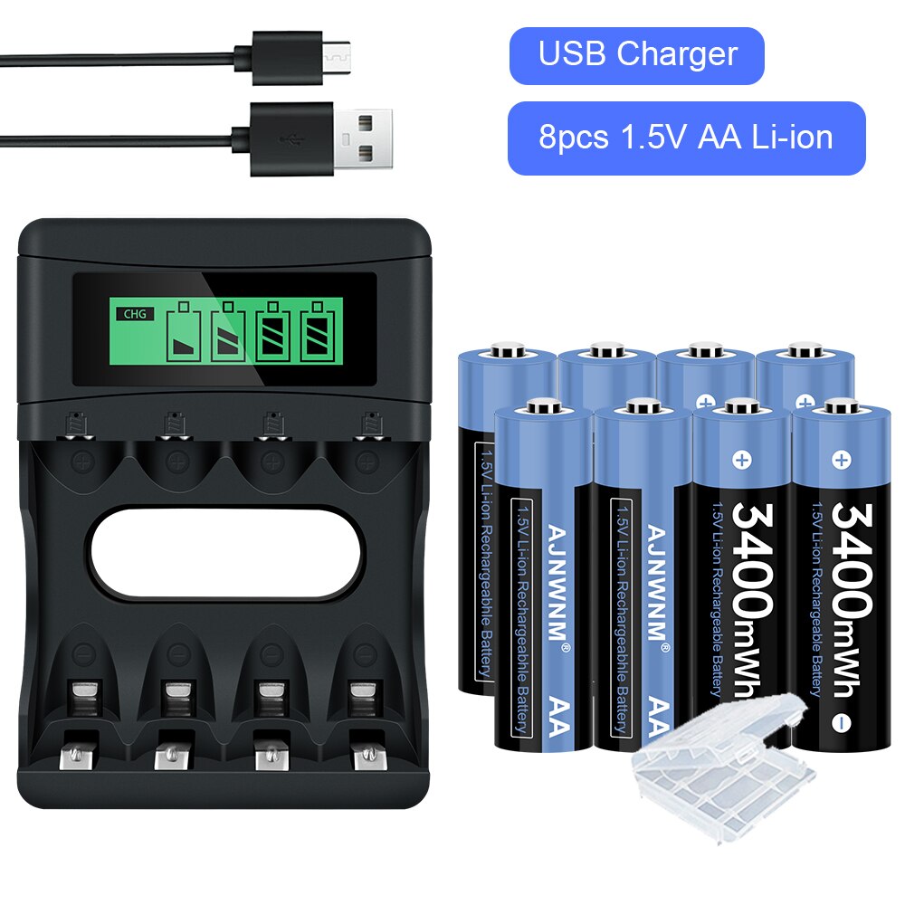 Baterías de iones de litio recargables, pilas AA de 1,5 v, 3400mWh, AA, 1,5 V, AA, 1,5 v: 8AA and charger