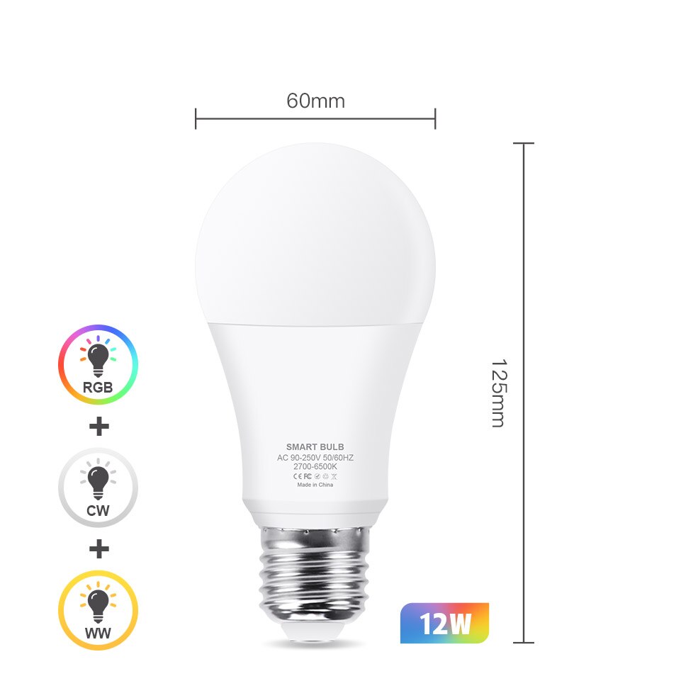 Wifi smart lyspære rgb + hvit + varm hvit  e27 led pære tuya smart life app dimbar stemmekontroll arbeid med alexa, google home: 12w / 4 stk x lyspærer