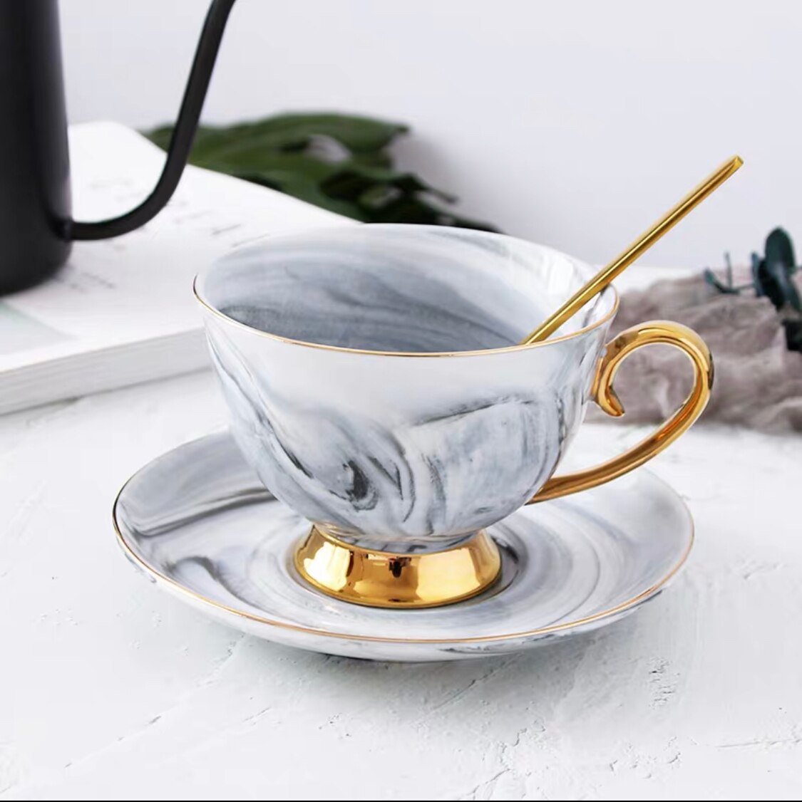 European luxury coffee cup and saucer set gold afternoon tea cup coffee cup milk cup home office marble ceramic cup: grey